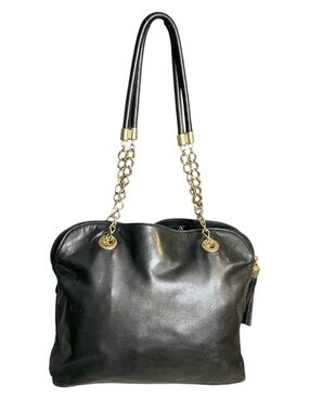 Via Veneto Vintage Black Leather Triple Compartment Tote Dual Gold Chain Handles